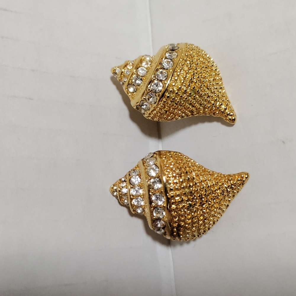 Vtg Kenneth Jay Lane Seashell Earrings With Rhine… - image 1